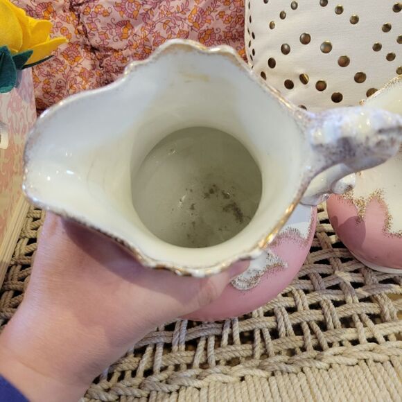 Antique Pitcher & Vase Set of Two Fluted - Pink, White, and Gold Semi Porcelain - Picture 2 of 5